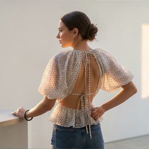 Nasty Gal Be Tie Puff Sleeve Polka Dot Blouse White Black Size 12 NWT